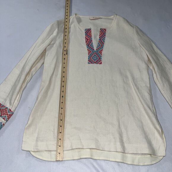 Tory Burch McKenna Tunic Top Ivory Linen $350 – Size 10 Embroidered V Neck - Picture 8 of 13